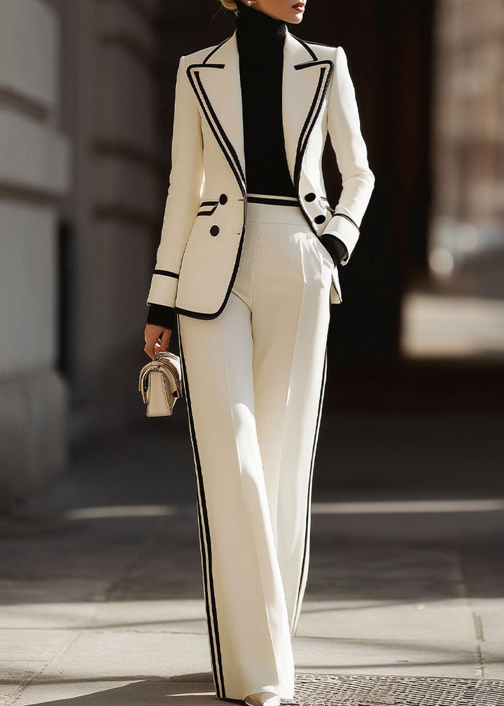 Women's Double Breasted Suit Set Contrast Trim Blazer