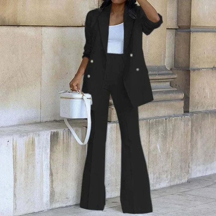 Women's Double-Breasted Tailored Blazer Flared Trouser Suit Set - Black