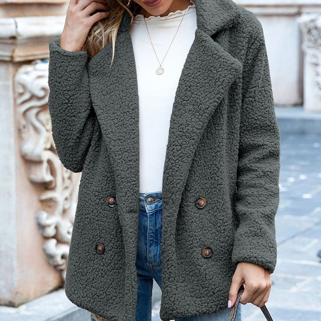 Women's Double-Breasted Teddy Winter Coat Notched Lapel - Grey
