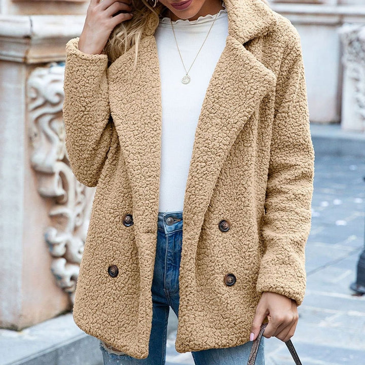 Women's Double-Breasted Teddy Winter Coat Notched Lapel - Khaki