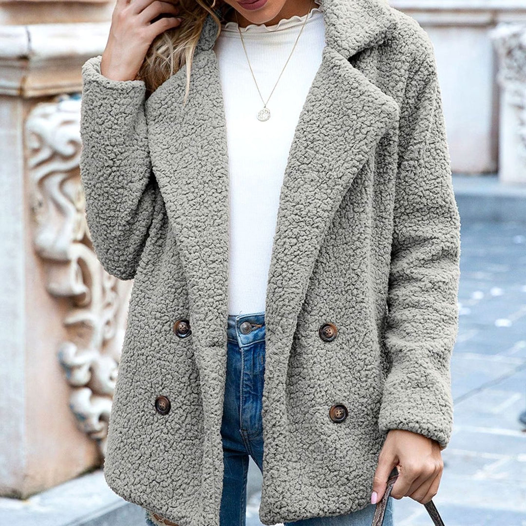 Women's Double-Breasted Teddy Winter Coat Notched Lapel - Light Grey