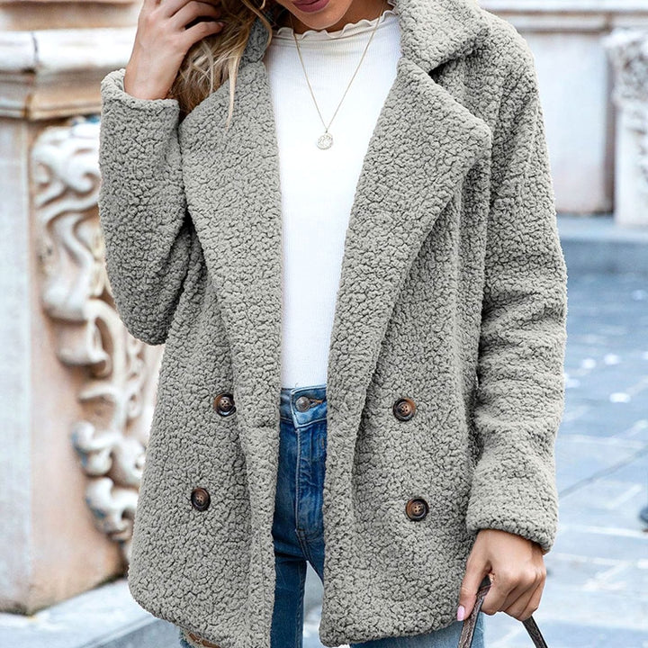 Women's Double-Breasted Teddy Winter Coat Notched Lapel - Light Grey