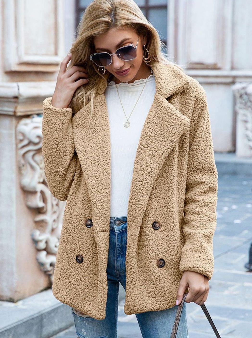 Women's Double-Breasted Teddy Winter Coat Notched Lapel