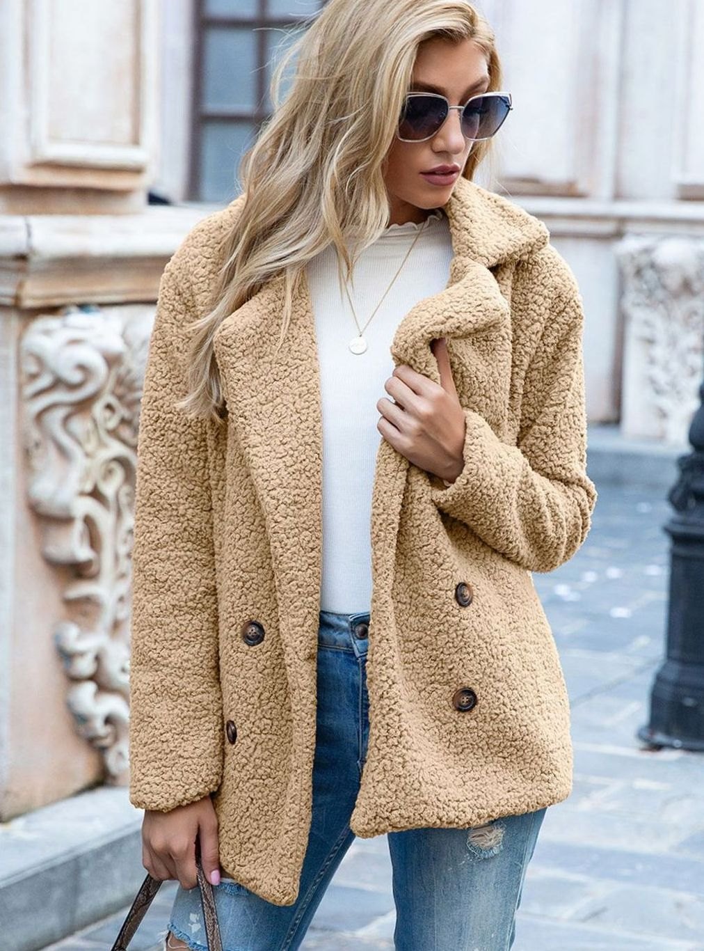 Women's Double-Breasted Teddy Winter Coat Notched Lapel