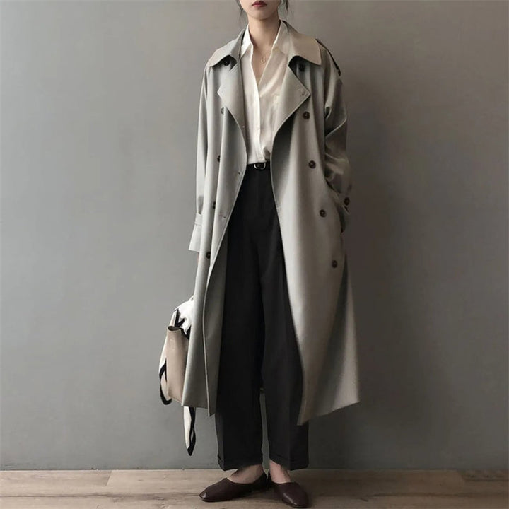 Women's Double-Breasted Water-Repellent Long Trench Coat - Grey