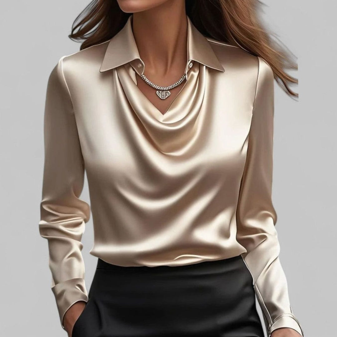 Women's Draped Cowl-Neck Long Sleeve Satin Blouses - Champagne