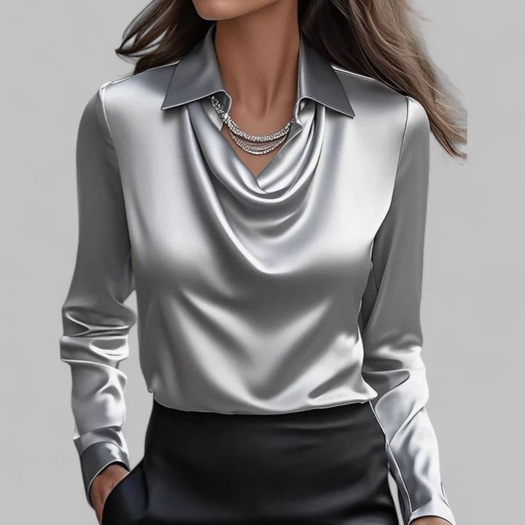 Women's Draped Cowl-Neck Long Sleeve Satin Blouses - Grey