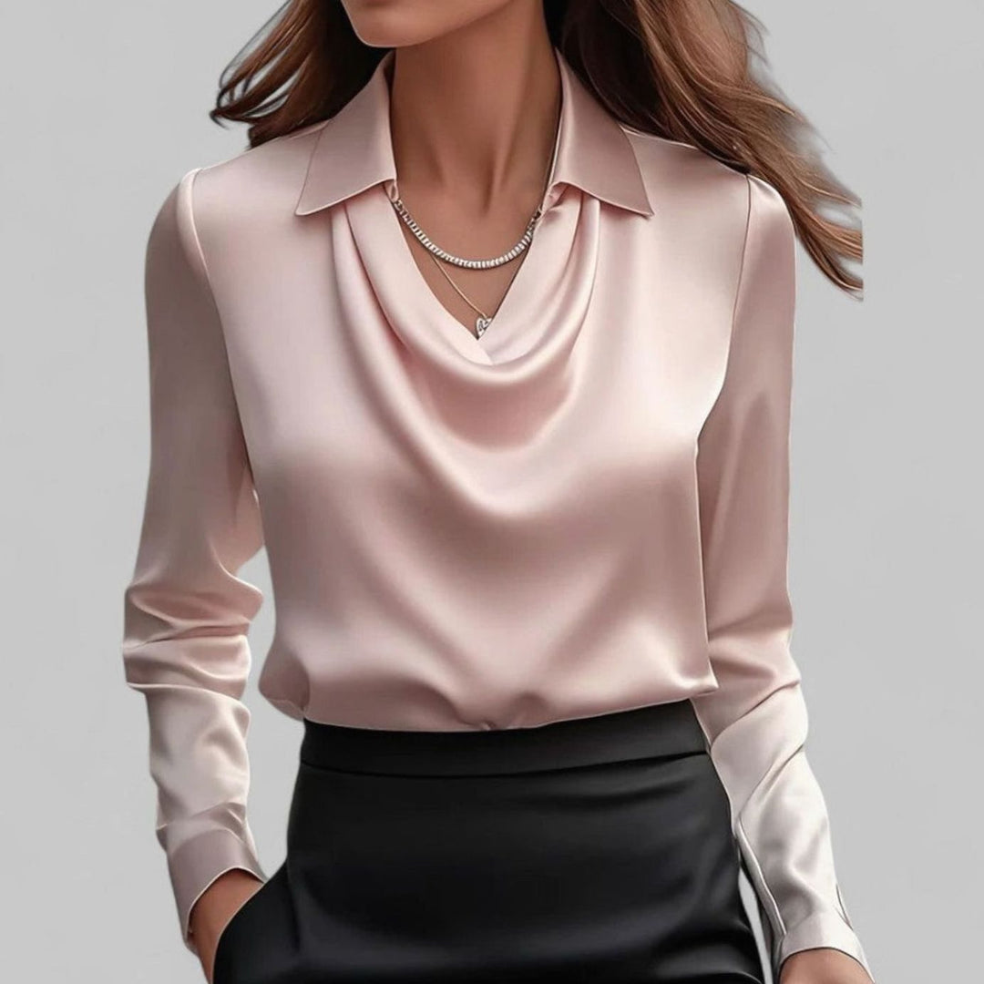 Women's Draped Cowl-Neck Long Sleeve Satin Blouses - Pink