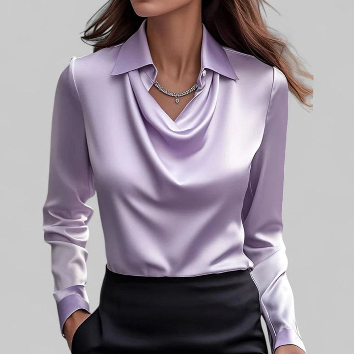 Women's Draped Cowl-Neck Long Sleeve Satin Blouses - Purple