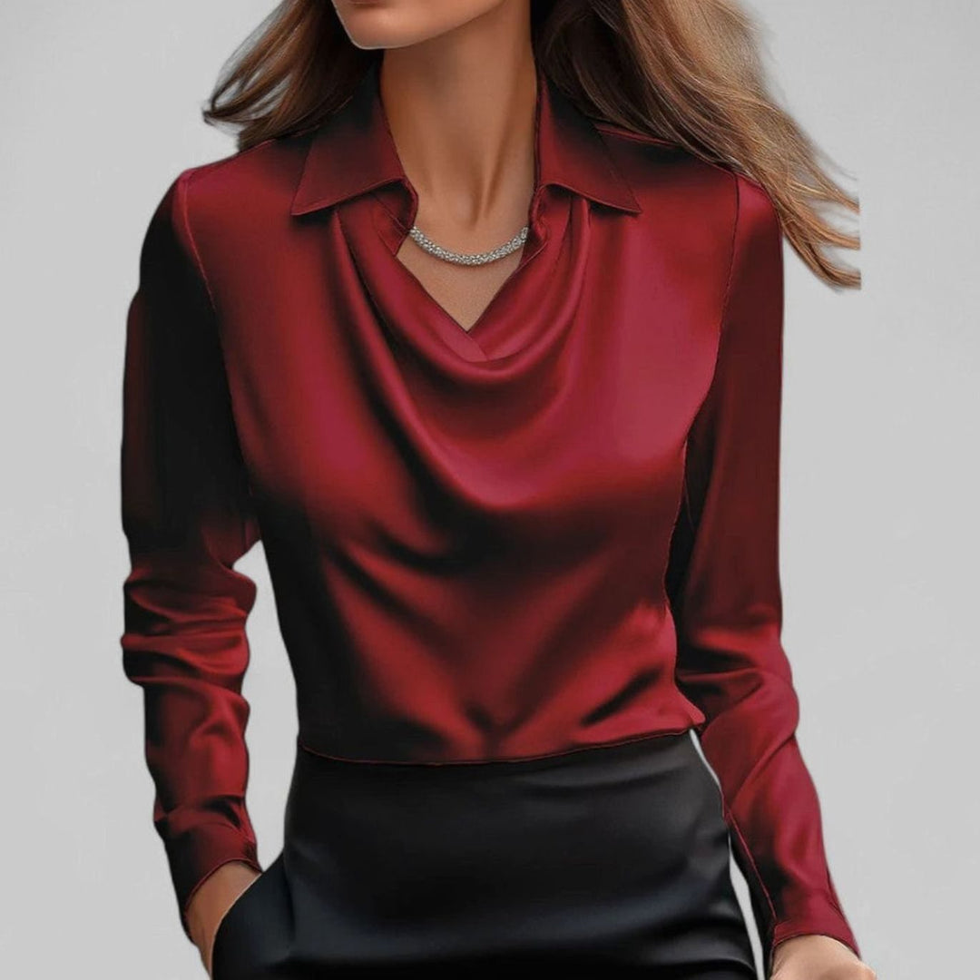 Women's Draped Cowl-Neck Long Sleeve Satin Blouses - Red