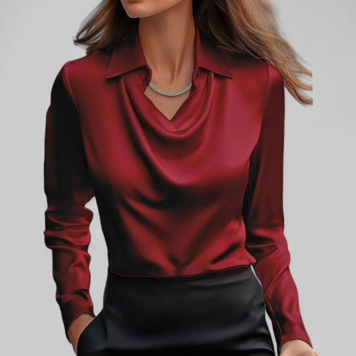 Women's Draped Cowl-Neck Long Sleeve Satin Blouses - Red