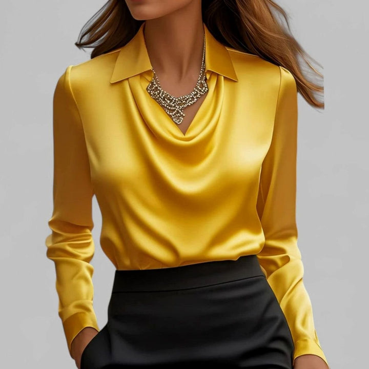 Women's Draped Cowl-Neck Long Sleeve Satin Blouses - Yellow