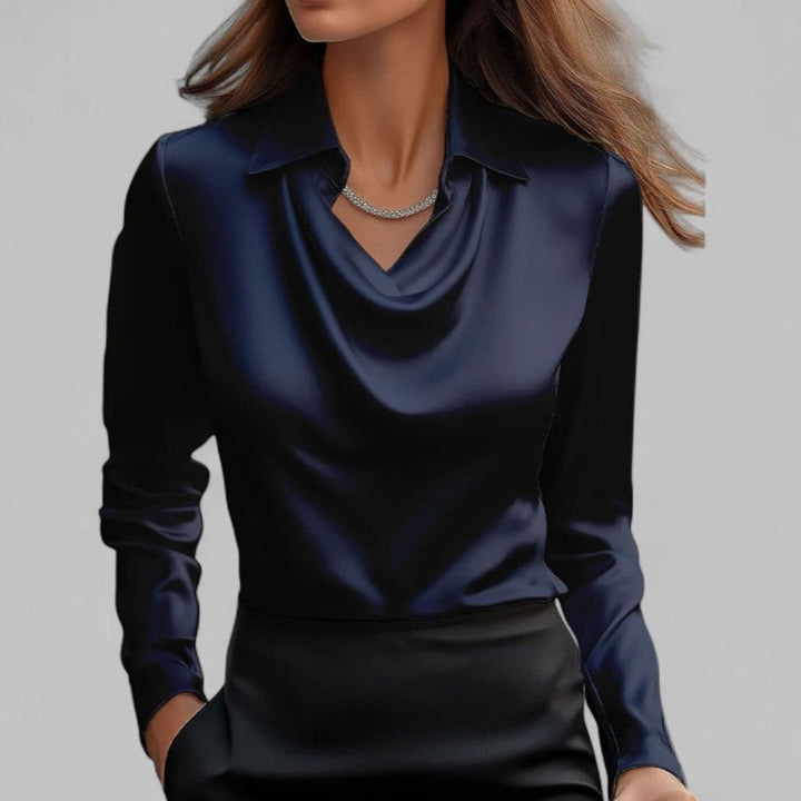 Women's Draped Cowl-Neck Long Sleeve Satin Blouses - Navy Blue