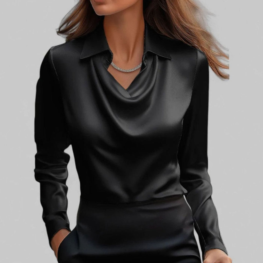 Women's Draped Cowl-Neck Long Sleeve Satin Blouses - Black
