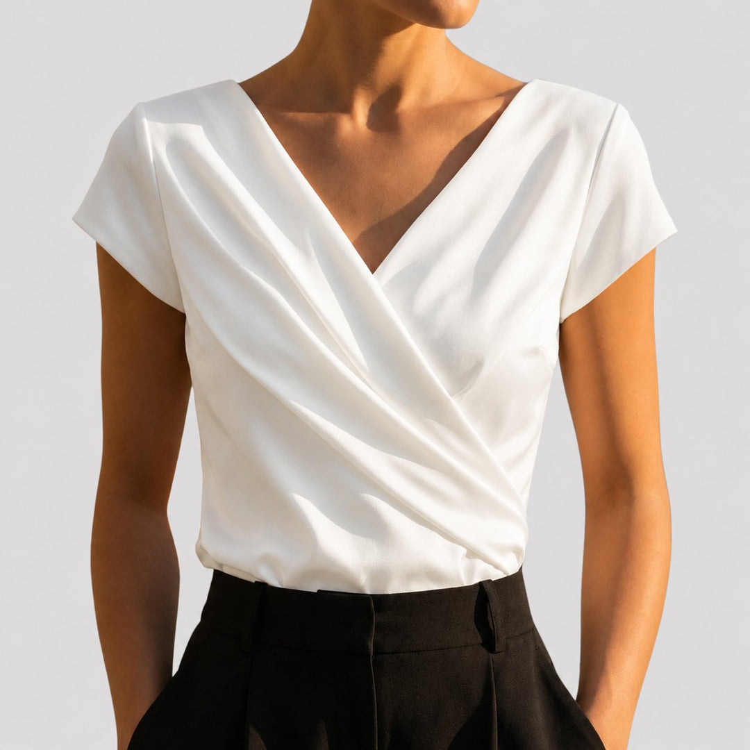 Women's Draped Wrap V-Neck Cap Sleeve Blouse Top - White