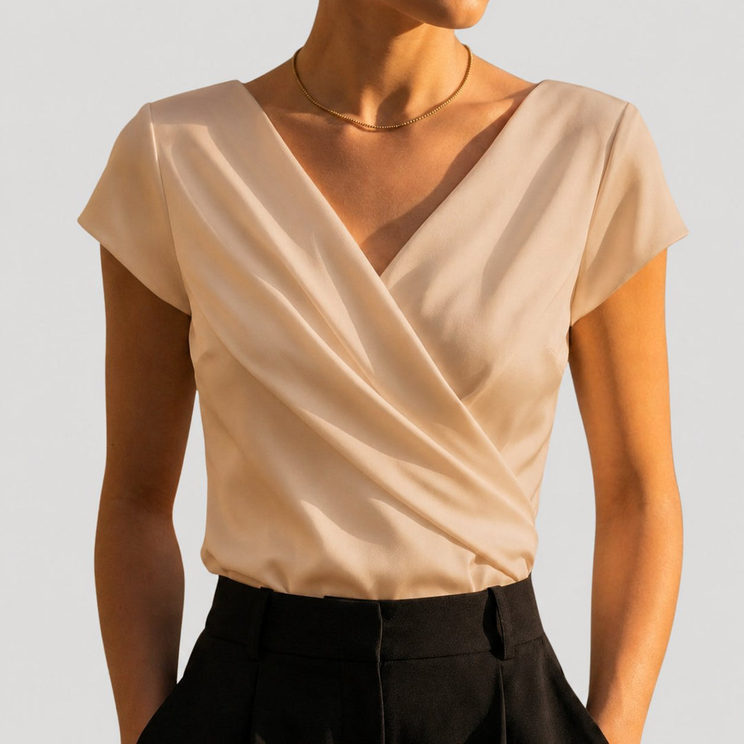 Women's Draped Wrap V-Neck Cap Sleeve Blouse Top - Khaki