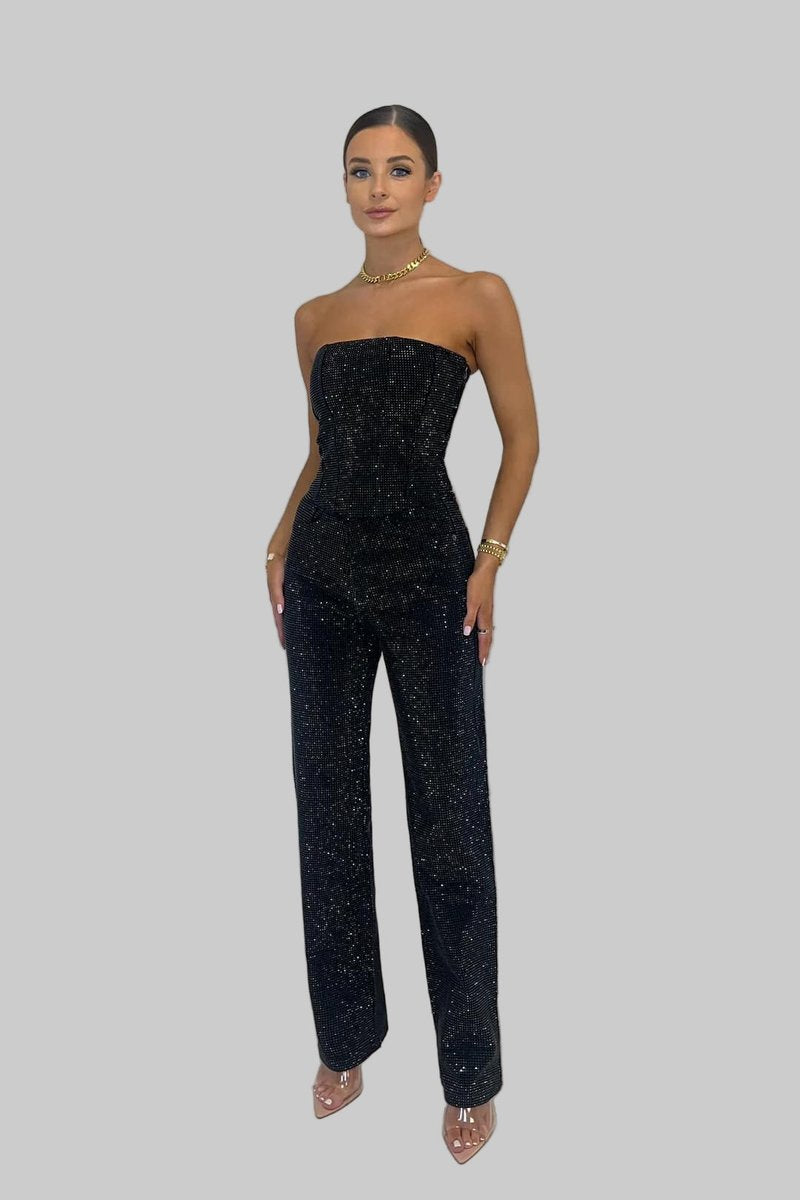 Women's Dress Strapless Sequin Straight-Leg Jumpsuit - Black
