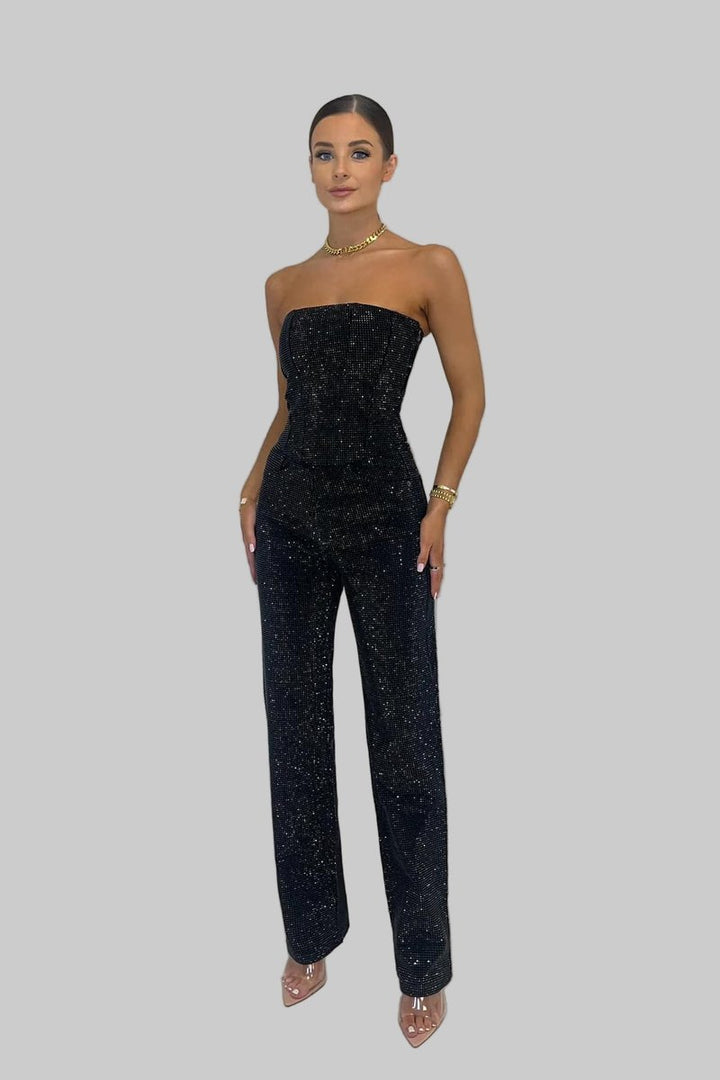 Women's Dress Strapless Sequin Straight-Leg Jumpsuit - Black