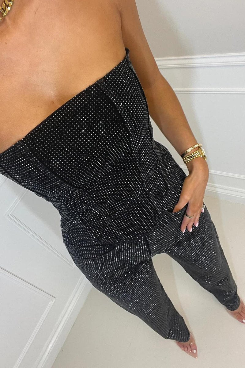 Women's Dress Strapless Sequin Straight-Leg Jumpsuit