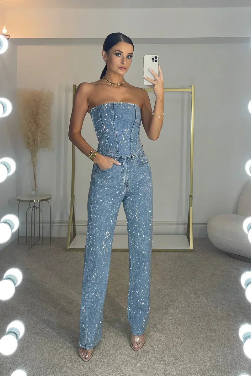 Women's Dress Strapless Sequin Straight-Leg Jumpsuit - Denim