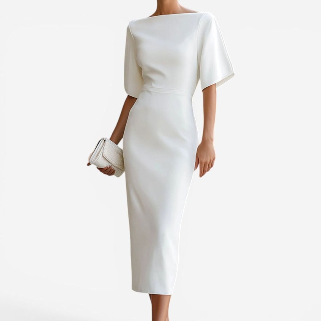 Women's Elegant Boat Neck Short Sleeve Midi Dress - White