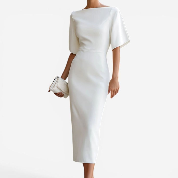 Women's Elegant Boat Neck Short Sleeve Midi Dress - White