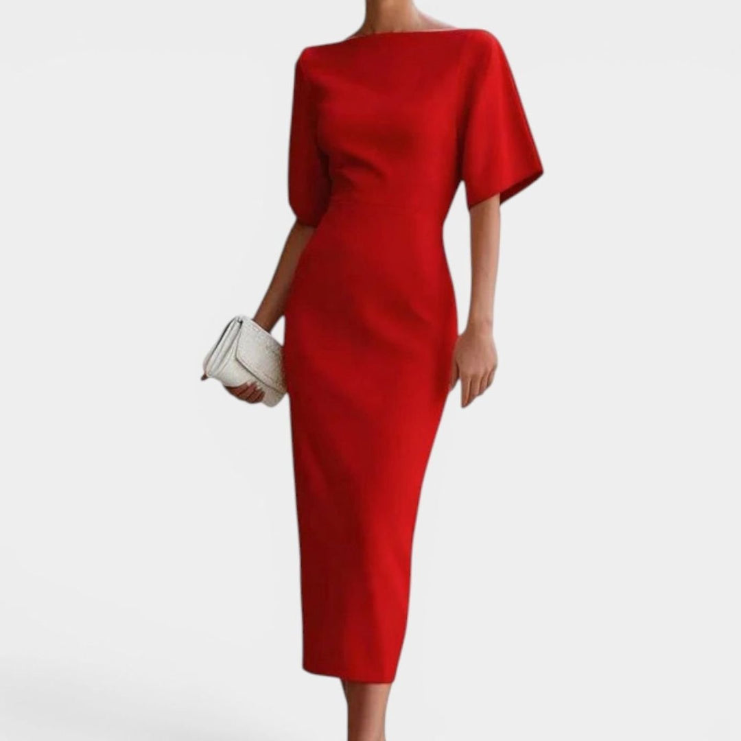 Women's Elegant Boat Neck Short Sleeve Midi Dress - Red