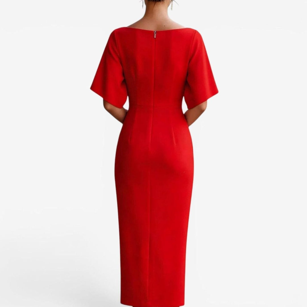 Women's Elegant Boat Neck Short Sleeve Midi Dress