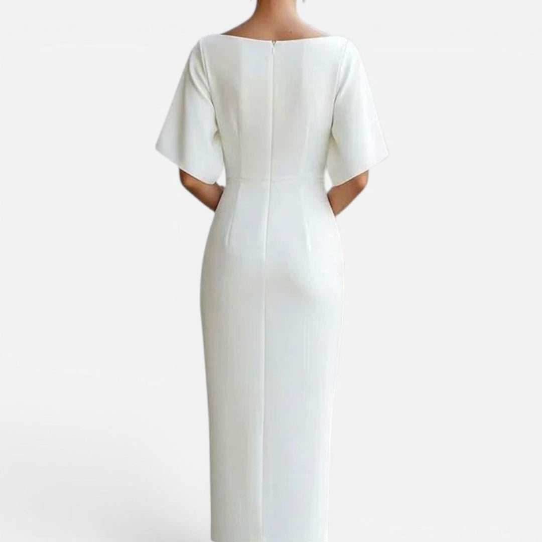 Women's Elegant Boat Neck Short Sleeve Midi Dress