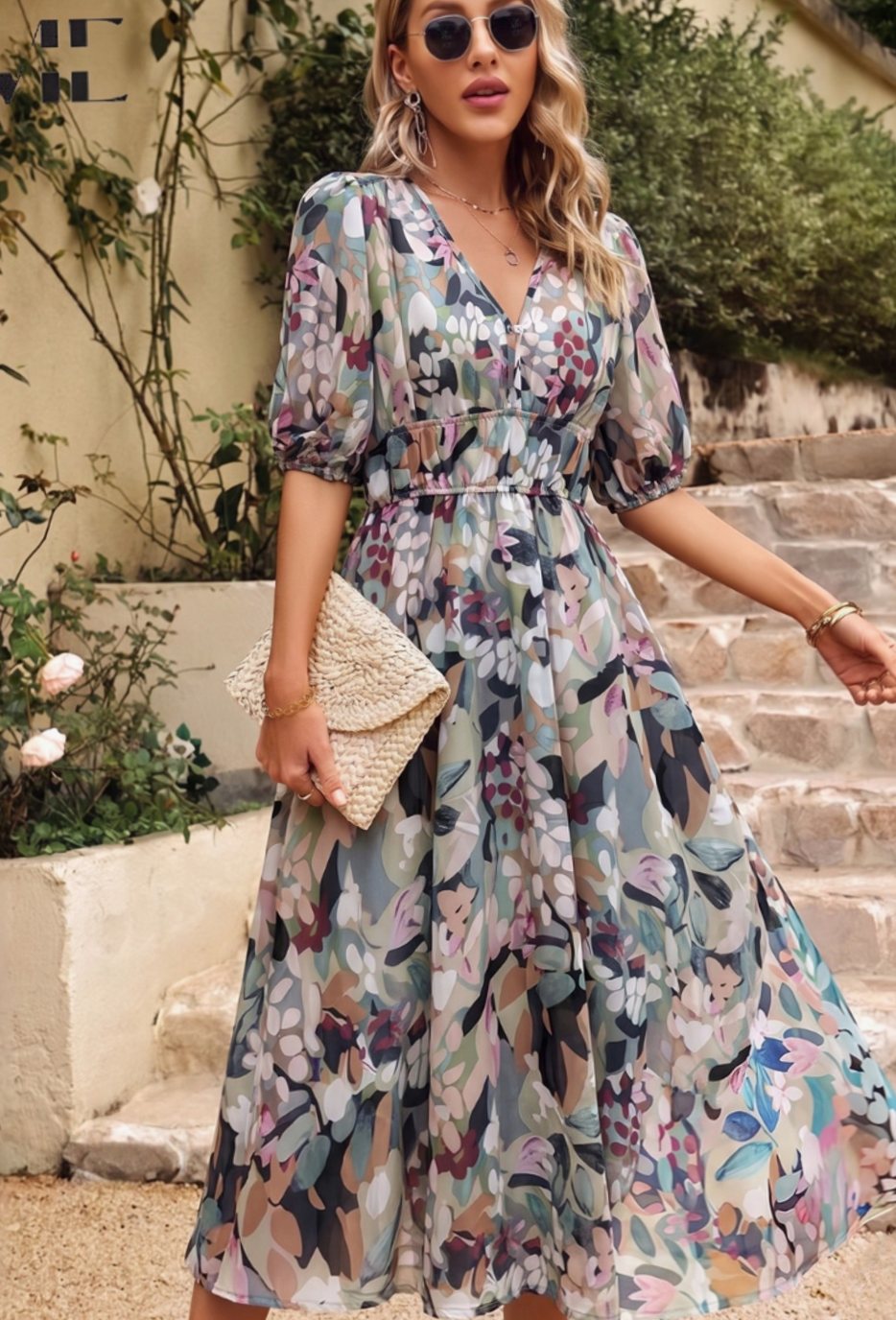 Women's Elegant Floral Puff Sleeve V-Neck Midi Dress - Floral