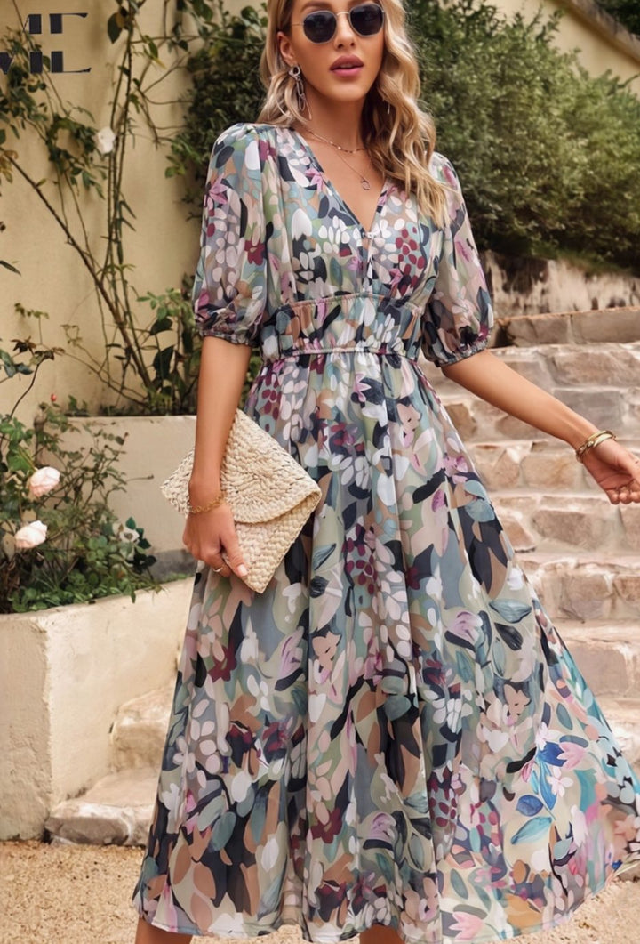 Women's Elegant Floral Puff Sleeve V-Neck Midi Dress - Floral