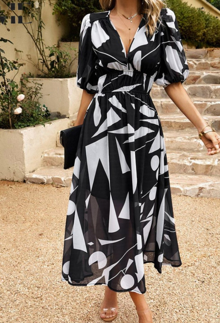 Women's Elegant Floral Puff Sleeve V-Neck Midi Dress