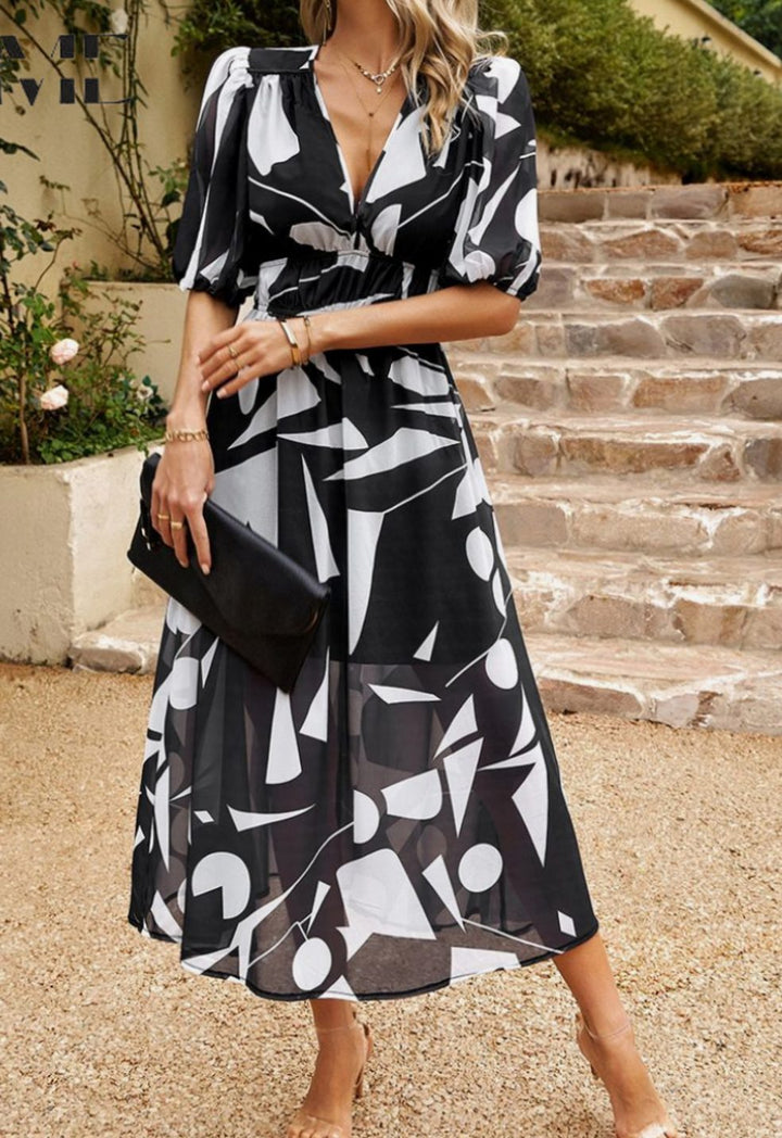 Women's Elegant Floral Puff Sleeve V-Neck Midi Dress