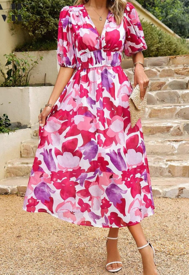 Women's Elegant Floral Puff Sleeve V-Neck Midi Dress