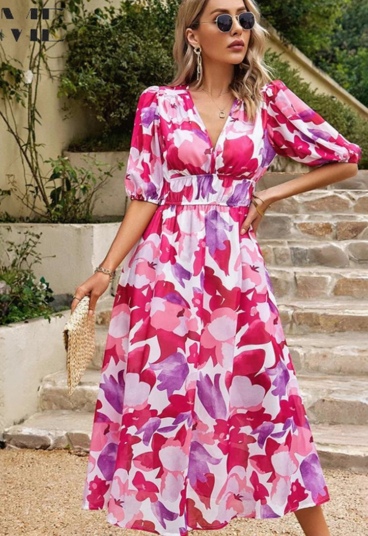 Women's Elegant Floral Puff Sleeve V-Neck Midi Dress - Pink