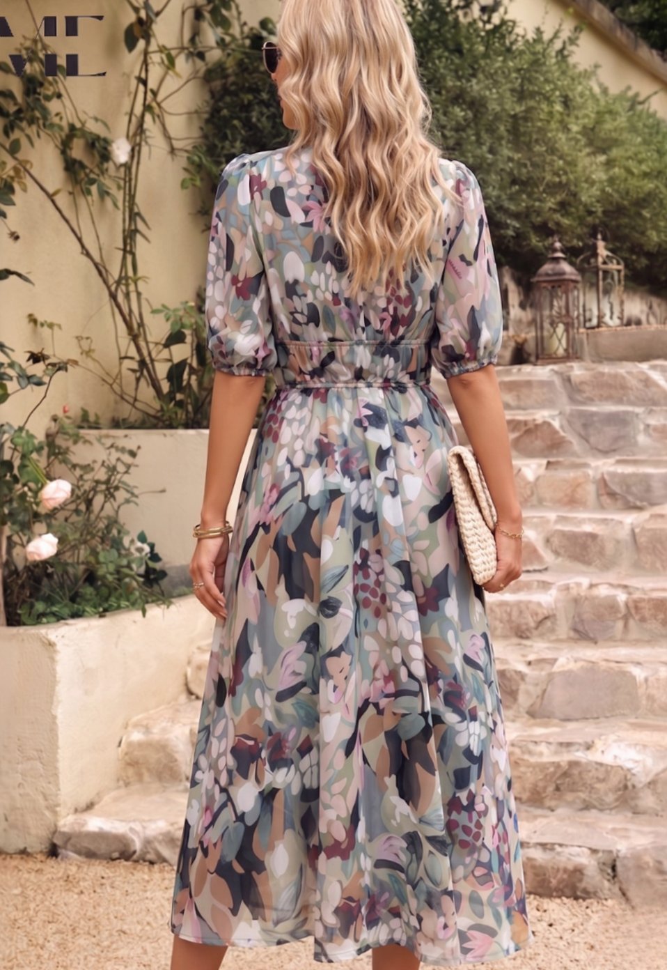 Women's Elegant Floral Puff Sleeve V-Neck Midi Dress