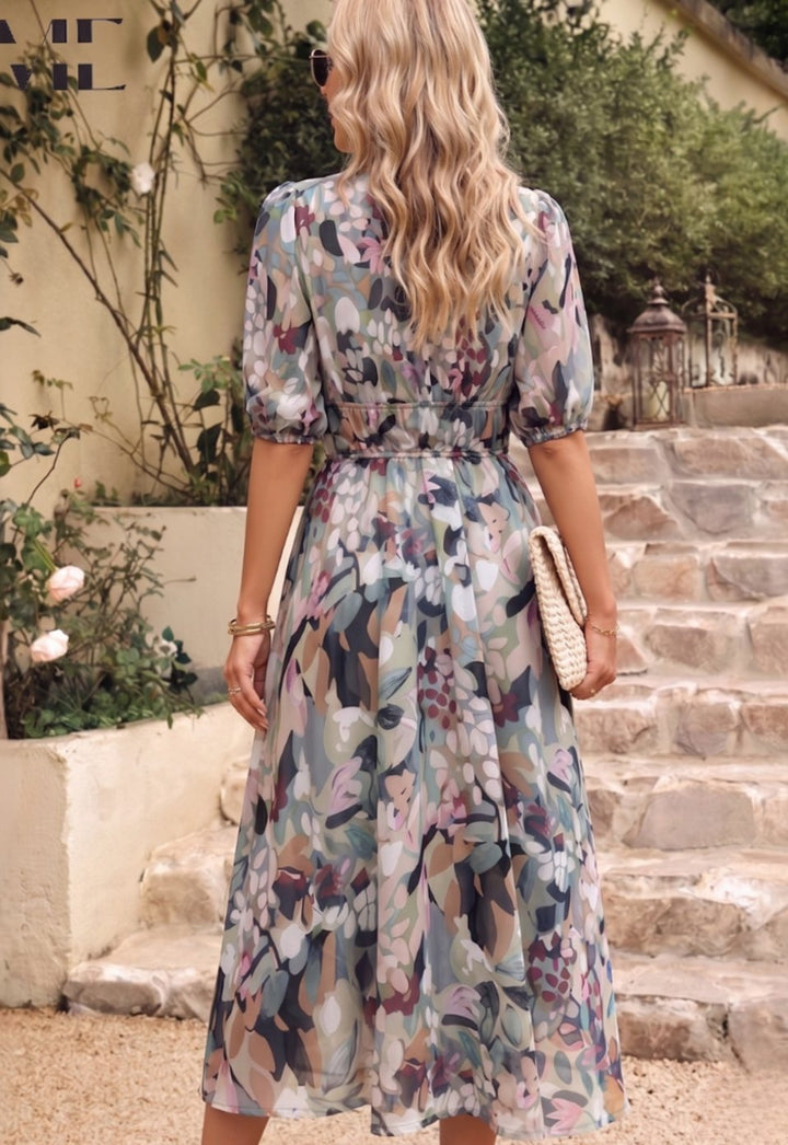 Women's Elegant Floral Puff Sleeve V-Neck Midi Dress