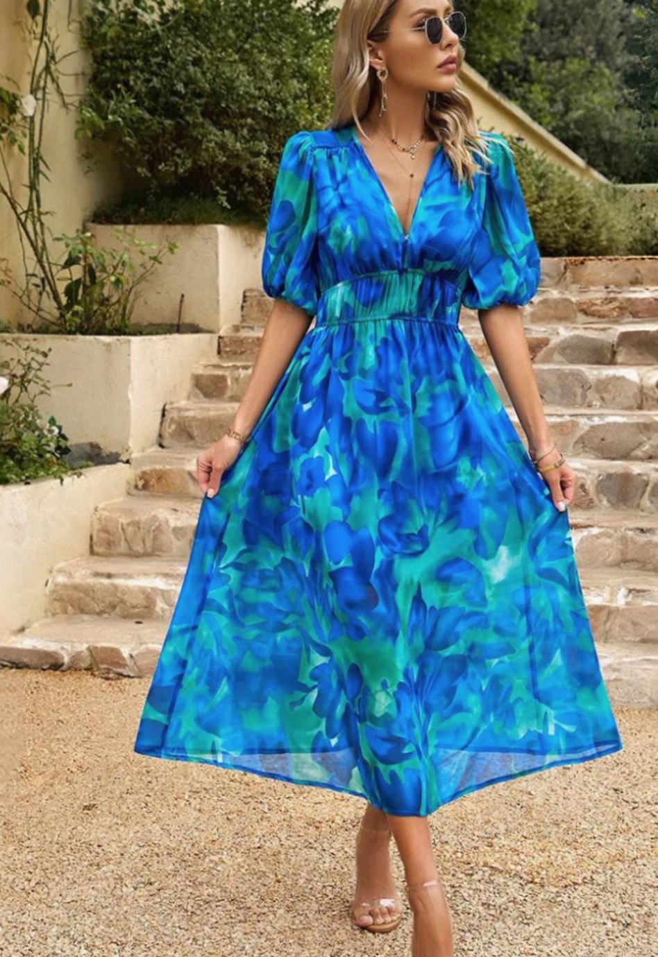 Women's Elegant Floral Puff Sleeve V-Neck Midi Dress