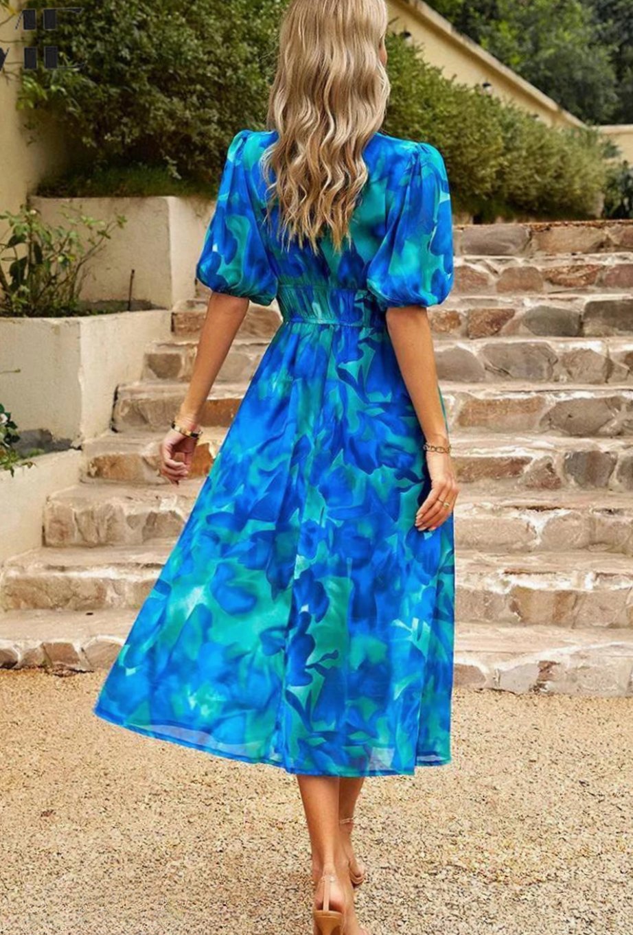Women's Elegant Floral Puff Sleeve V-Neck Midi Dress