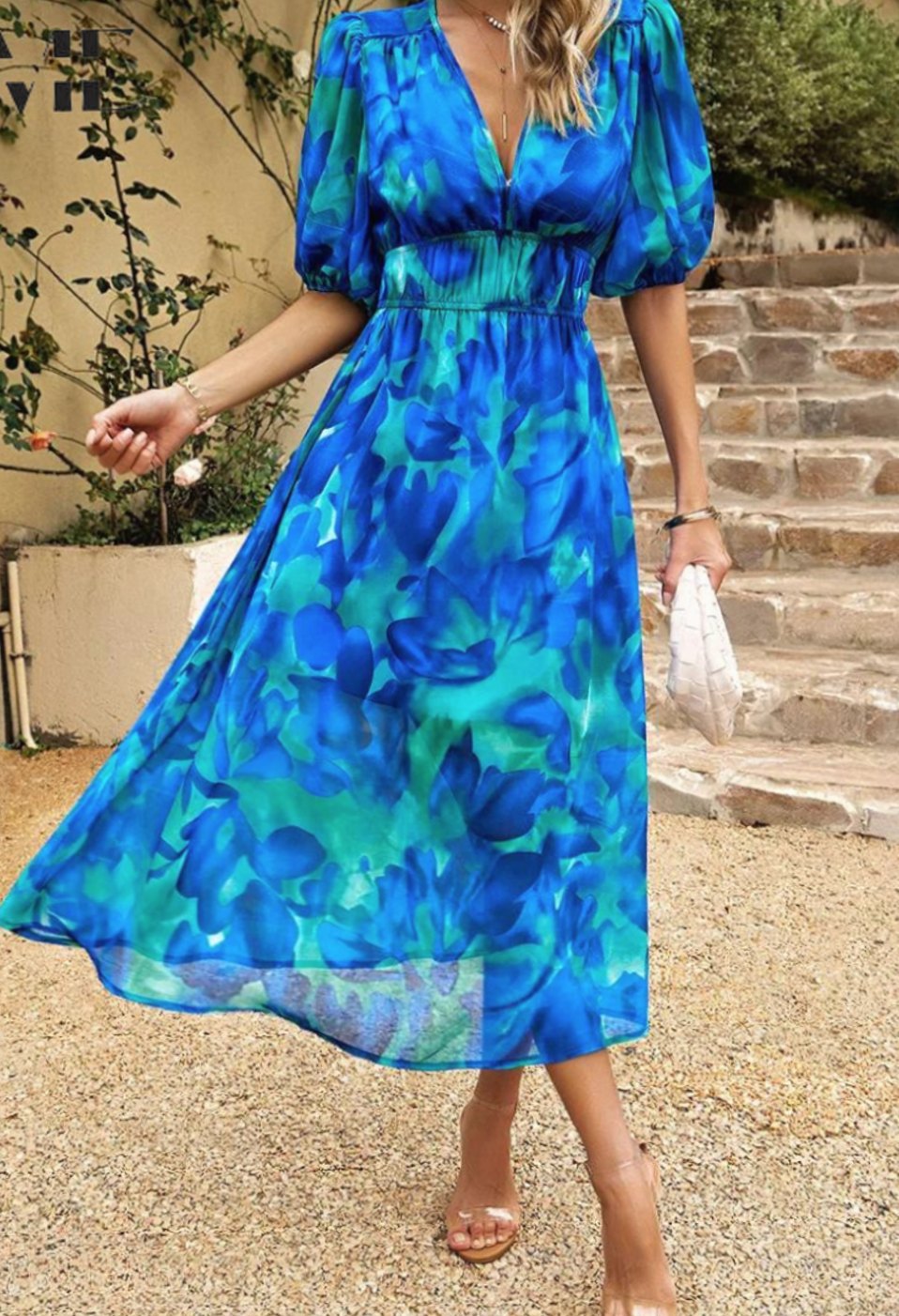 Women's Elegant Floral Puff Sleeve V-Neck Midi Dress