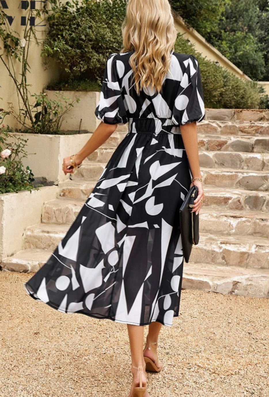 Women's Elegant Floral Puff Sleeve V-Neck Midi Dress