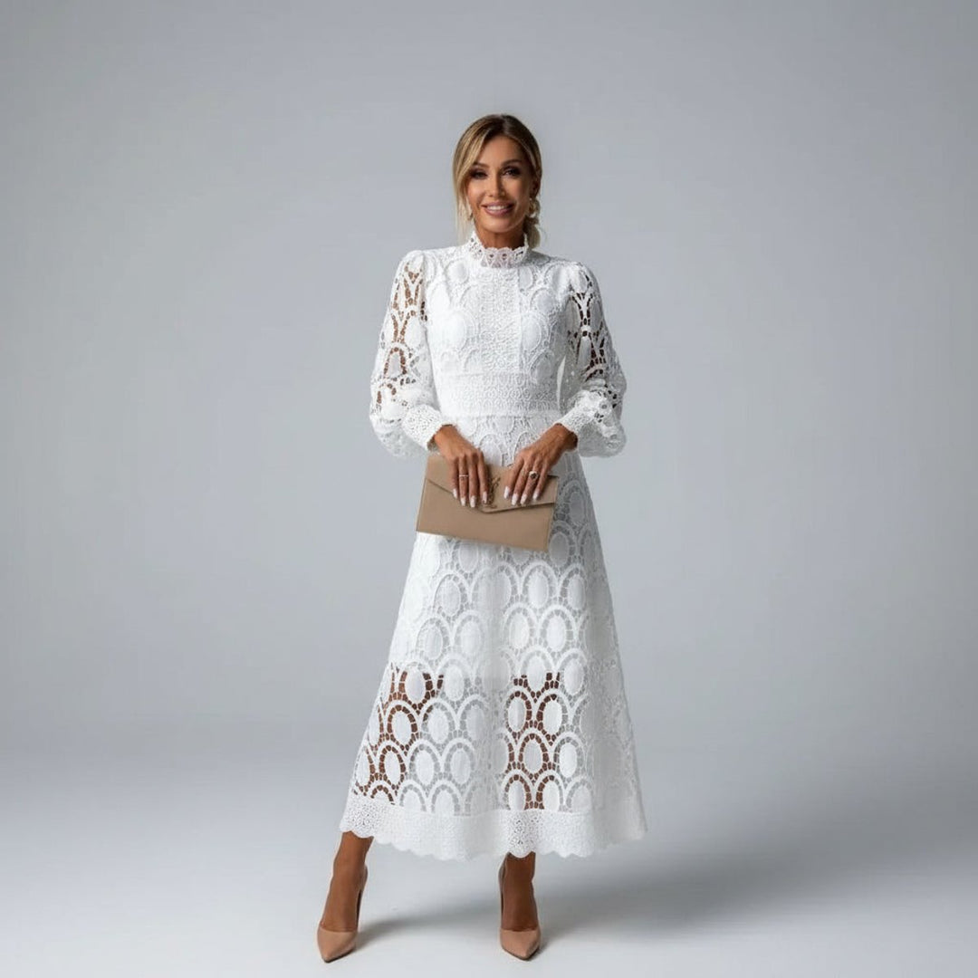 Women's Elegant Lace Midi Long Sleeve Dress Mock Neck A-Line - White