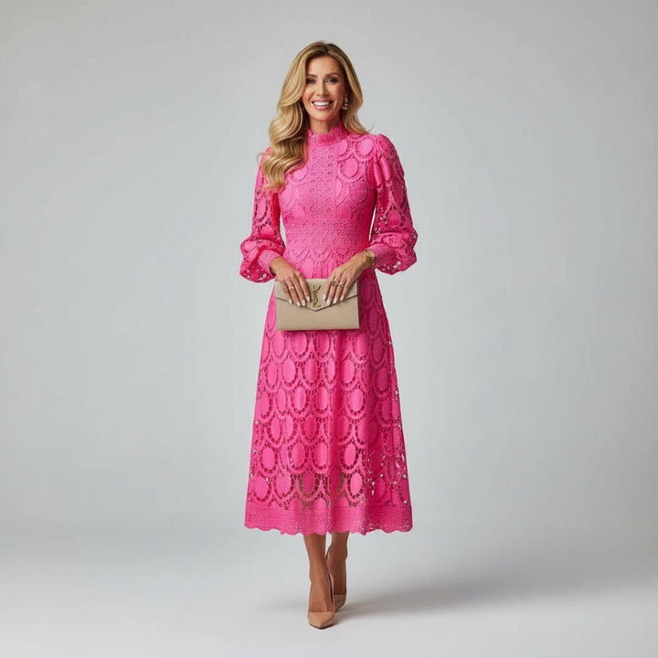 Women's Elegant Lace Midi Long Sleeve Dress Mock Neck A-Line - Pink