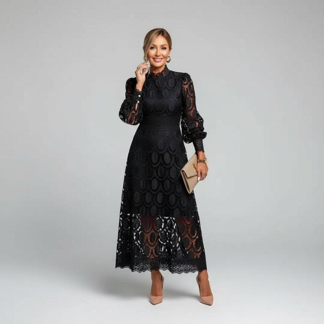 Women's Elegant Lace Midi Long Sleeve Dress Mock Neck A-Line - Black