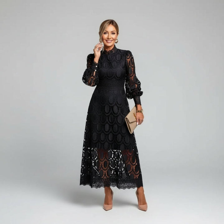 Women's Elegant Lace Midi Long Sleeve Dress Mock Neck A-Line - Black