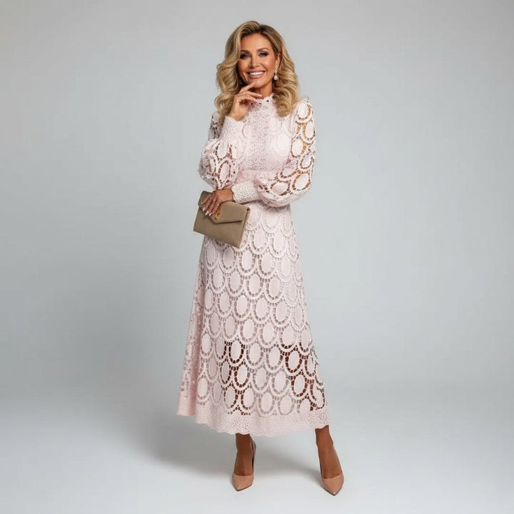 Women's Elegant Lace Midi Long Sleeve Dress Mock Neck A-Line - Light Pink