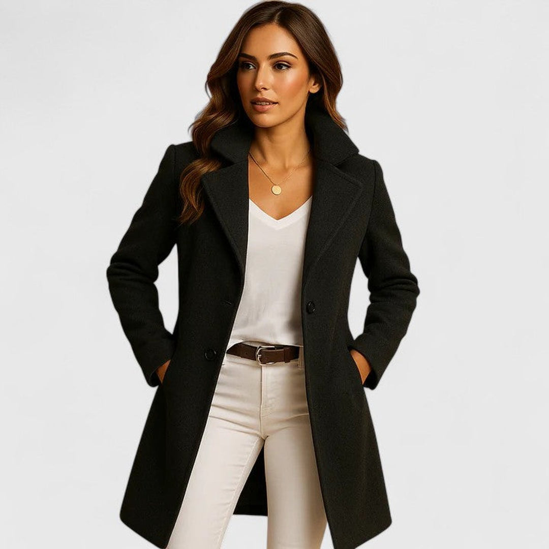 Women's Elegant Long Button-Up Coat Notch Lapel Slim Fit - Black