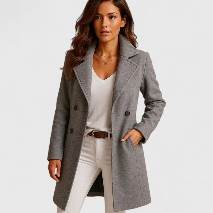 Women's Elegant Long Button-Up Coat Notch Lapel Slim Fit - Grey