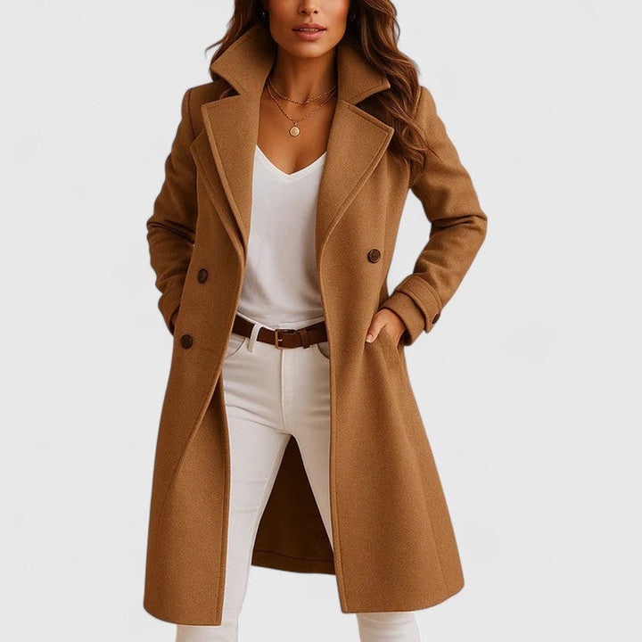 Women's Elegant Long Button-Up Coat Notch Lapel Slim Fit - Camel