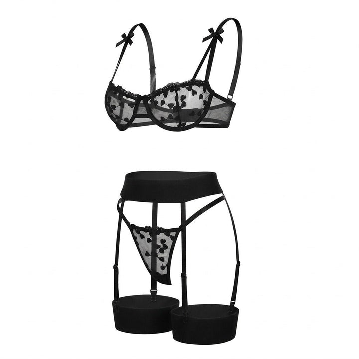 Women's Embroidered Mesh Four-Piece Lingerie Set - Black